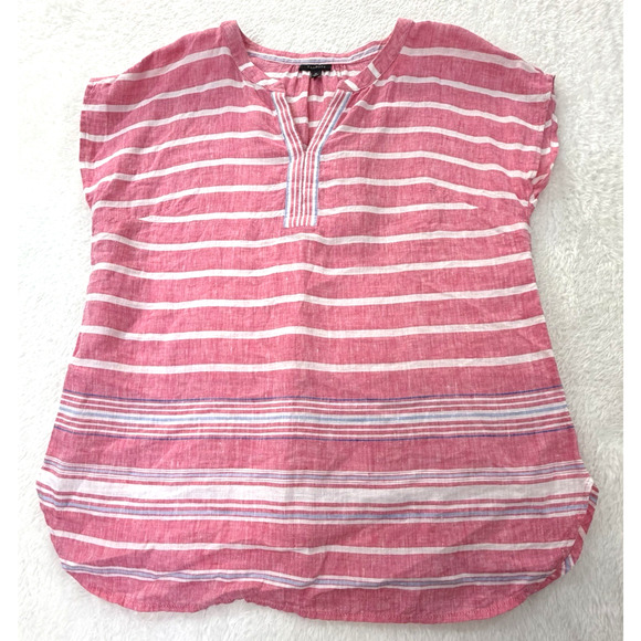 Talbots Tops - Talbots Linen Tunic Size Medium Pink White Stripe V-Neck Cap Sleeve Tunic Top